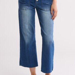 Democracy Blue Cropped Button Fly Wide Leg  Raw Hem Jeans